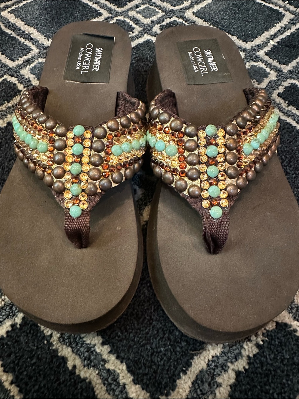Brown Embellished Beaded Thong Sandals